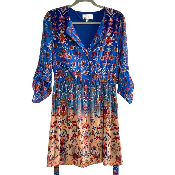 NWOT DR2 Blue Floral Tab Sleeve Tie Waist Midi Dress Lined Bohemian Size Medium - Picture 1 of 15